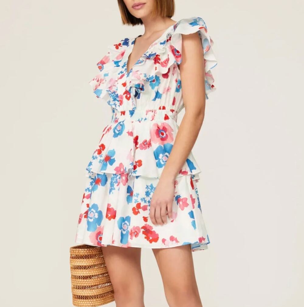 Peter Som Red White Blue Mini Dress SIZE 8 Cotton Ruffle Cottage Designer $355